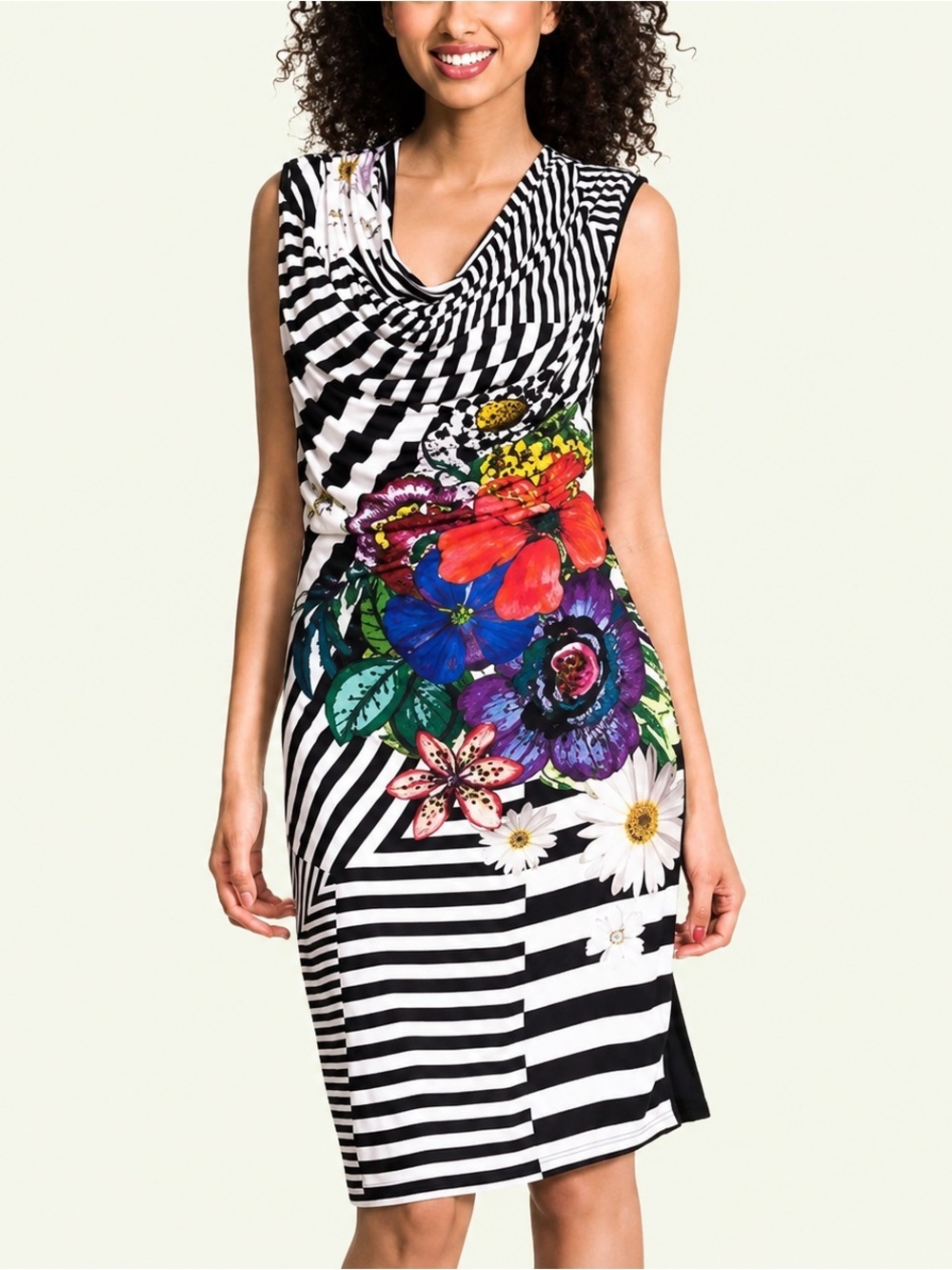 Desigual Striped Floral Sleeveless Draped Dress Size M